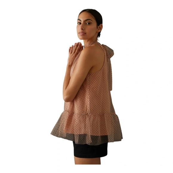 Maeve by Anthropologie Flocked Tulle polka dot nude and black Halter Top Small - Picture 2 of 6